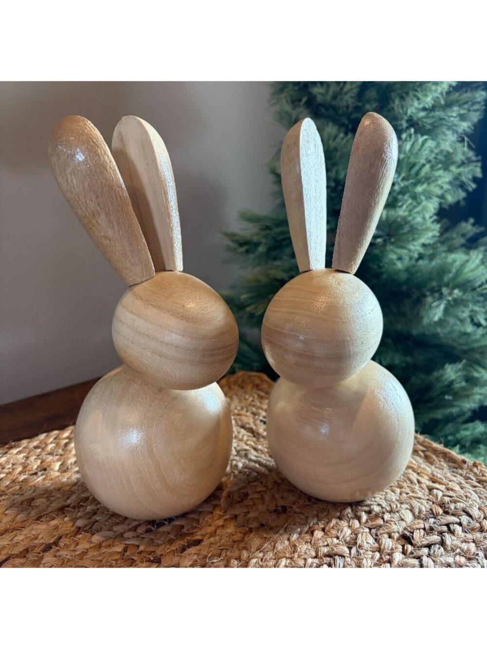 Set of 2 Natural Wood Easter Bunny Figurines Modern Minimalist Rabbit Decor 8"
